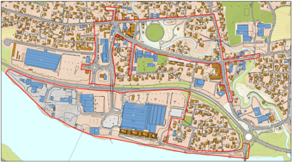 Kart over Krokstad hvor kantstein legges i bred rød granitt. Dette området er merket med rød strek.