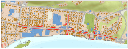 Kart over Svelvik hvor kantstein legges i bred rød granitt. Dette området er merket med rød strek. Det omfatter i hovedsak fylkesvei.