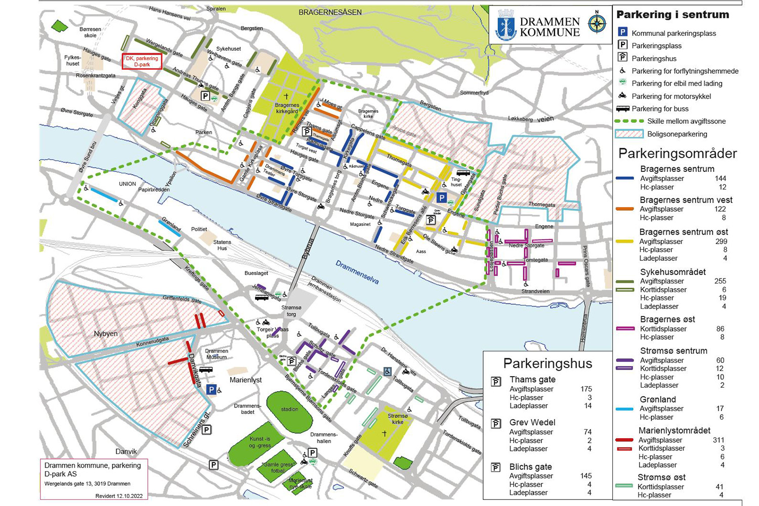 Figur 3: Kart over kommunale parkeringsplasser i Drammen sentrum. Indre avgiftssone avgrenset med stiplet grønn strek. 