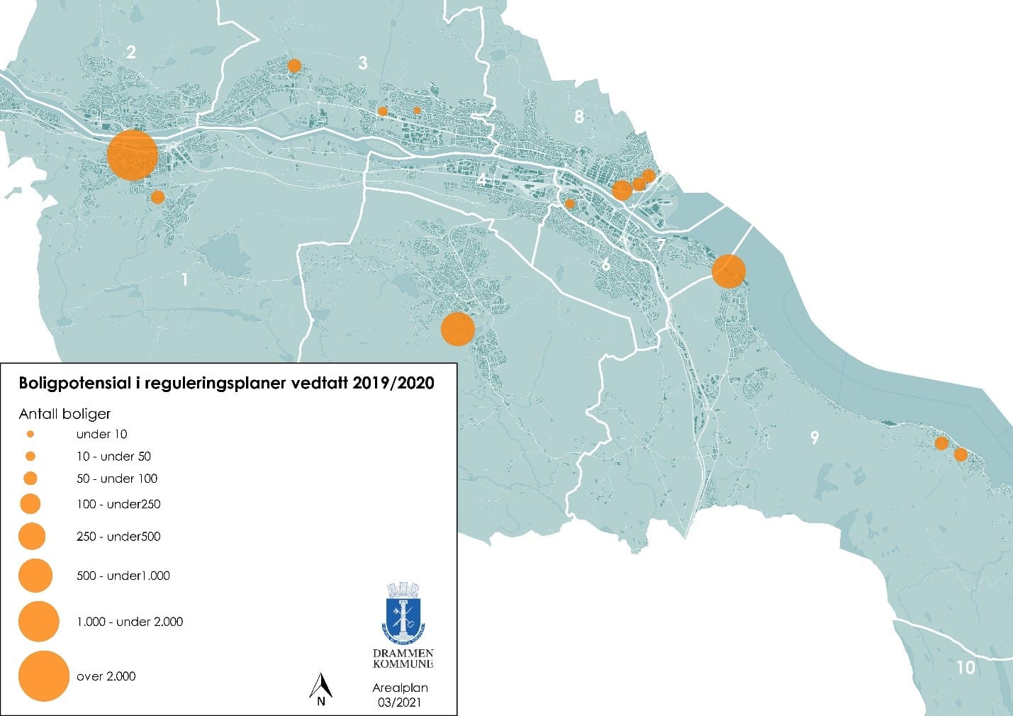 Bildet viser kart over kommunen, der boligpotensialet vises i størrelsesorden i ulike deler av kommunen, flest ved Mjøndalen, Konnerud og Nøsted/Glassverket
