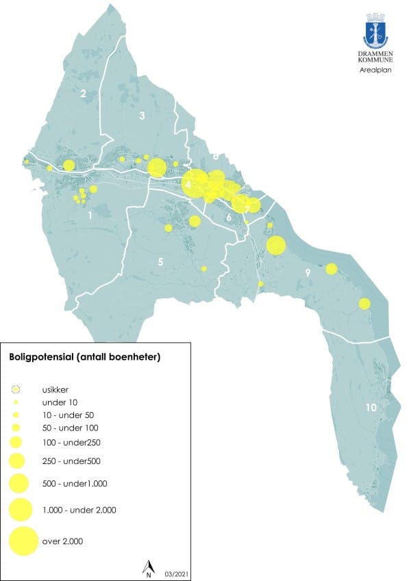 Bildet viser kart som viser boligpotensialet rundt om i kommunen i pågående plansaker, der det er mest i Drammen sentrum og i elvedalen