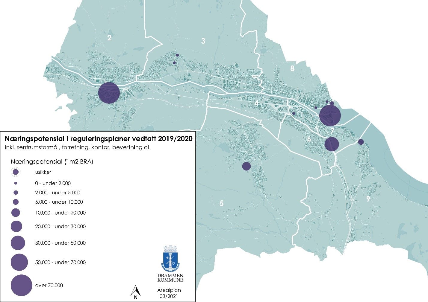  Bildet viser kart over kommunen, der næringspotensialet vises i størrelsesorden i ulike deler av kommunen, flest ved Mjøndalen og Slippen