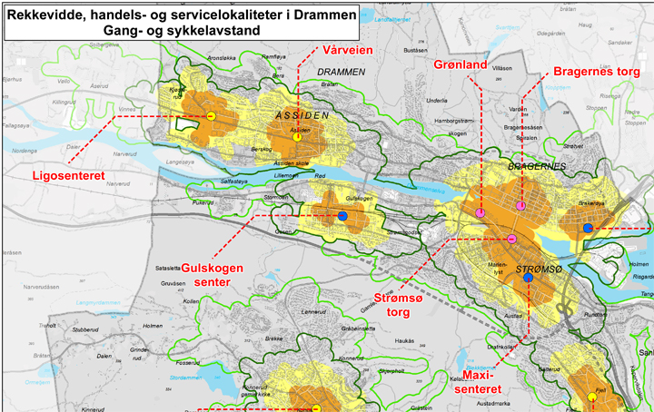 Bilde av rekkevidde av handels- og servicelokaliteter i Drammen med gang- og sykkelavstand