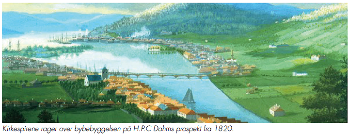 Bildet viser et maleri av Drammen fra 1820