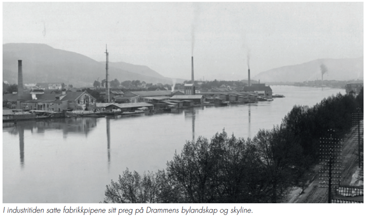 Bildet viser et fotografi fra industritiden, ved Drammenselven