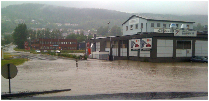 Bildet viser oversvømmelse av vei