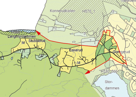 Utsnitt av kart fra Gomperud og vestover