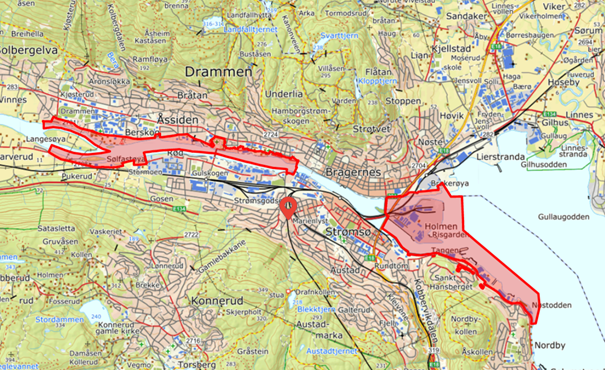 Planavgrensningen strekker seg over deler av Drammenselva, fra Langesøya til Nøstodden
