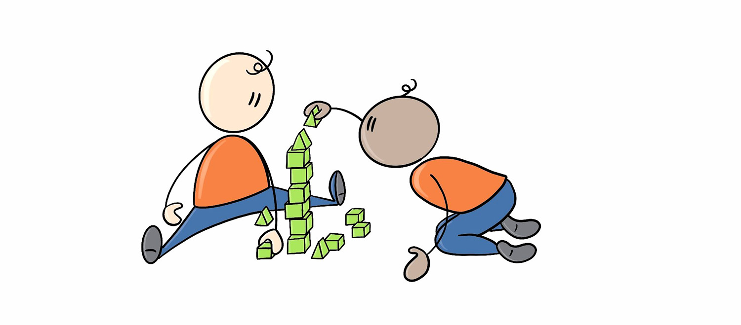 Strektegning av to barn som bygger tårn med klosser. Illustrasjon av lek og læring.