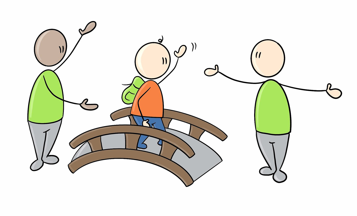 Strektegning av et barn som går over en bro med med voksne på hver side. Illustrasjon av overganger.