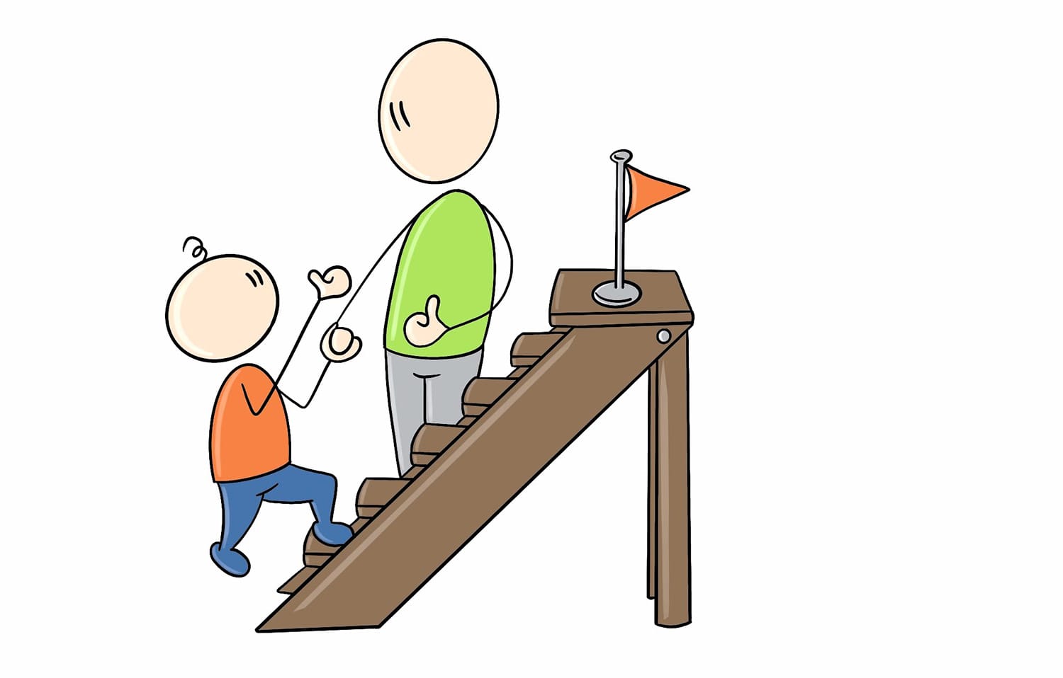 Strektegning av en trapp med et barn og en voksen og et målflagg på toppen av trappa. Illustrasjon av progresjon.