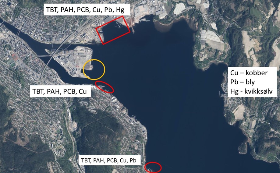 Flyfoto som viser forekomst av miljøgifter i Drammensfjorden.